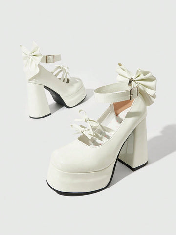 Kawaii Women's White High Heel Closed Toe Chunky Heel Mary Jane Small Leather Shoes With Strap