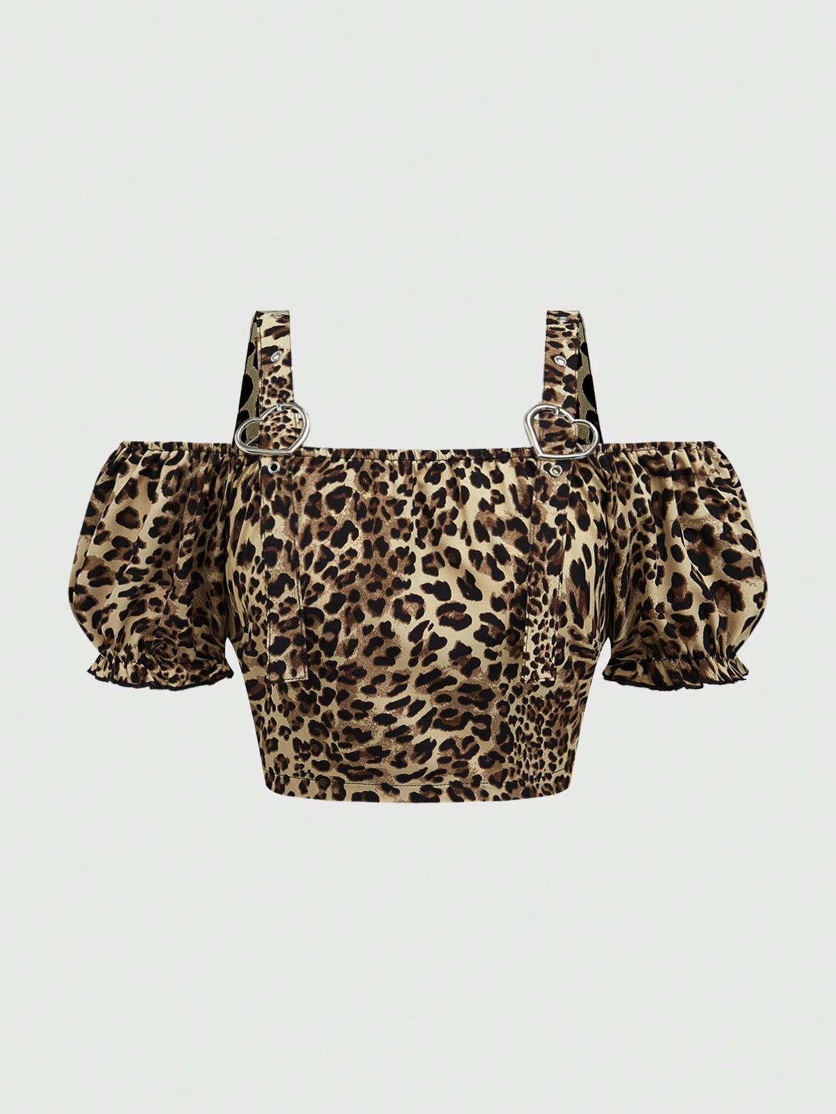 Leopard Print Heart Metal Buckle Decor Off-Shoulder Puff Sleeve Blouse For Women