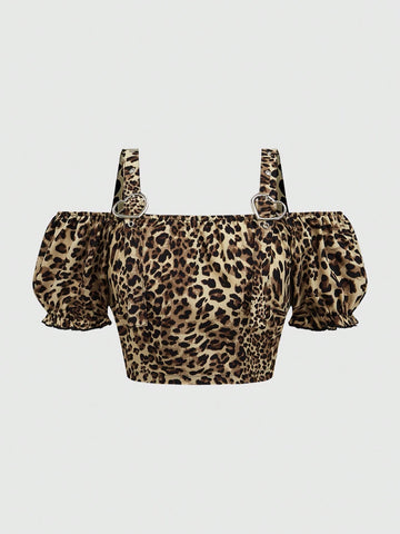Leopard Print Heart Metal Buckle Decor Off-Shoulder Puff Sleeve Blouse For Women