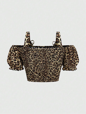 Leopard Print Heart Metal Buckle Decor Off-Shoulder Puff Sleeve Blouse For Women