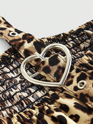 Leopard Print Heart Metal Buckle Decor Off-Shoulder Puff Sleeve Blouse For Women