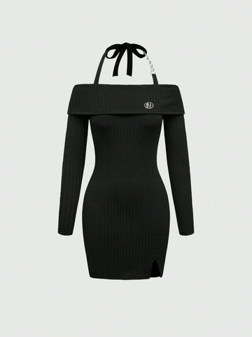 ROMWE Metal Chain Neck Collar Metal Tiny Tag Long Sleeve Slim Fit Knit Women Short Dress