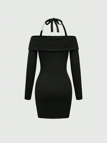 ROMWE Metal Chain Neck Collar Metal Tiny Tag Long Sleeve Slim Fit Knit Women Short Dress