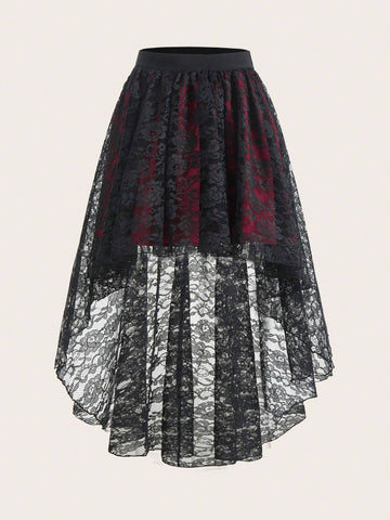 ROMWE PUNK Floral Lace High Low Hem Skirt, School