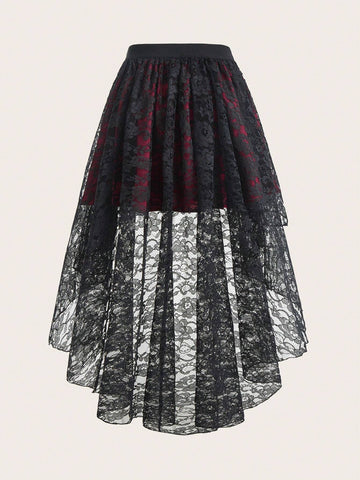 ROMWE PUNK Floral Lace High Low Hem Skirt, School