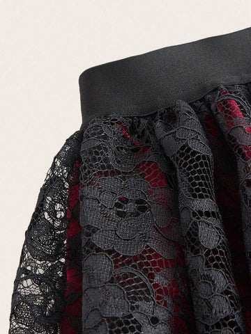 ROMWE PUNK Floral Lace High Low Hem Skirt, School