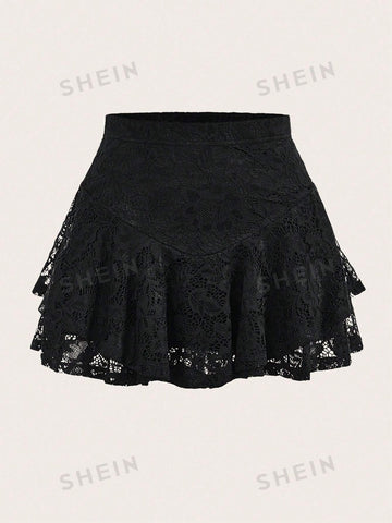 ROMWE PUNK Ruffle Hem Lace Skirt