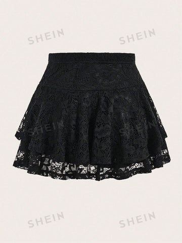 ROMWE PUNK Ruffle Hem Lace Skirt