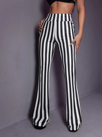 ROMWE PUNK Striped Print Flare Leg Pants