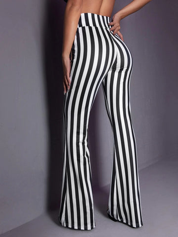 ROMWE PUNK Striped Print Flare Leg Pants