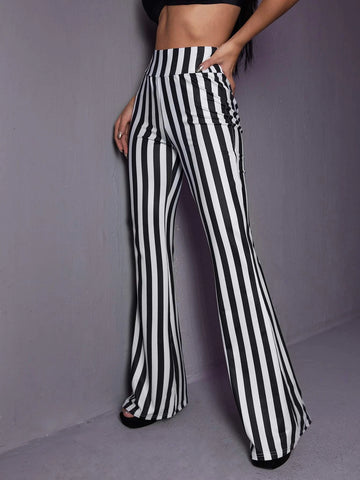 ROMWE PUNK Striped Print Flare Leg Pants