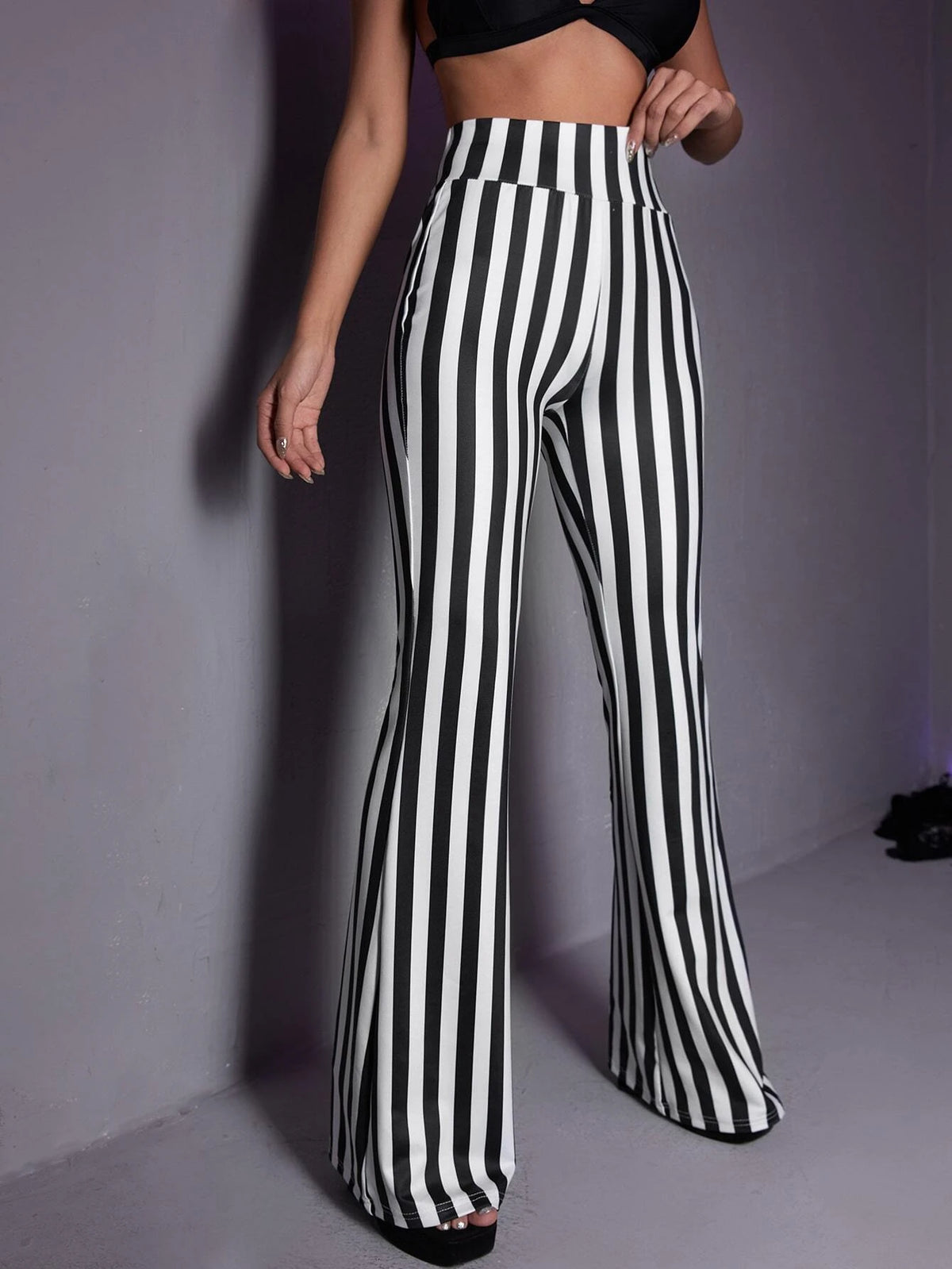 ROMWE PUNK Striped Print Flare Leg Pants