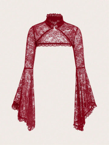 ROMWE PUNK Women Solid Color Stand Collar Lace Cropped Vest With Flare Sleeve For Spring/Summer