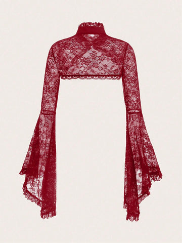 ROMWE PUNK Women Solid Color Stand Collar Lace Cropped Vest With Flare Sleeve For Spring/Summer