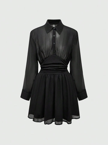 ROMWE Sexy Minimalist Semi-Sheer Waist Fit A-Line Dress For Women