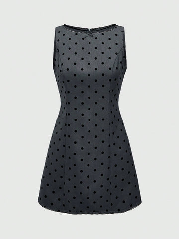 ROMWE Vintage Style Women Grey Polka Dot Tight Fitting Sleeveless Short Dress