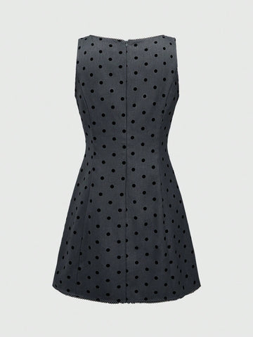 ROMWE Vintage Style Women Grey Polka Dot Tight Fitting Sleeveless Short Dress