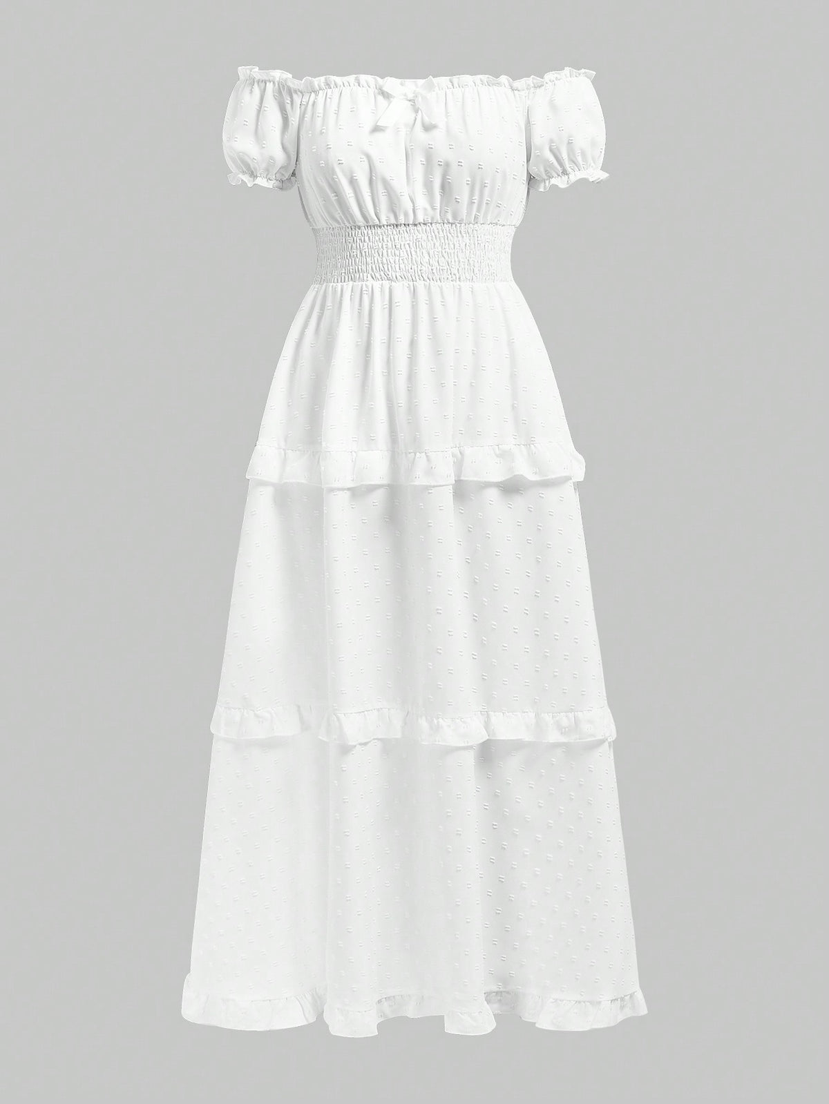 ROMWE White Vacation Style Jacquard Off Shoulder Puff Sleeve Long Dress For Mature And Sexy Lady