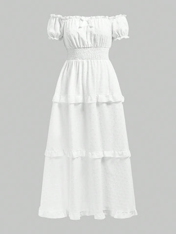 ROMWE White Vacation Style Jacquard Off Shoulder Puff Sleeve Long Dress For Mature And Sexy Lady