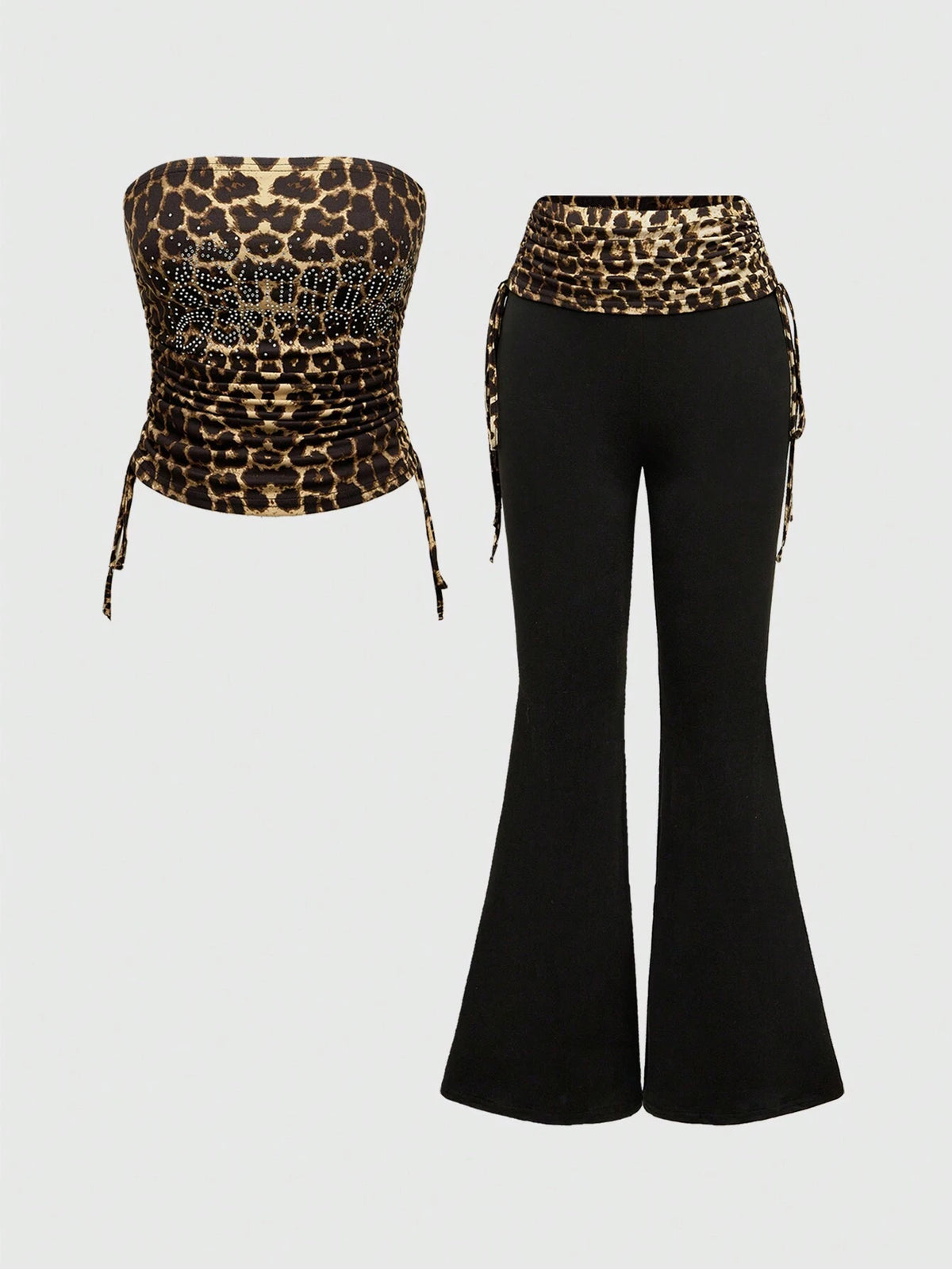 ROMWE Women 2pcs Set - Letter Rhinestone Decor Leopard Print Bandeau Top And Side Draw String Waist Pants
