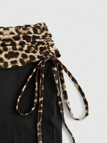 ROMWE Women 2pcs Set - Letter Rhinestone Decor Leopard Print Bandeau Top And Side Draw String Waist Pants