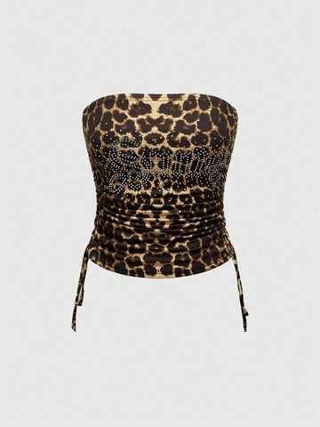 ROMWE Women 2pcs Set - Letter Rhinestone Decor Leopard Print Bandeau Top And Side Draw String Waist Pants