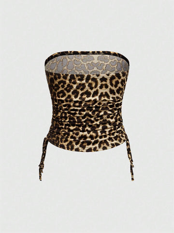 ROMWE Women 2pcs Set - Letter Rhinestone Decor Leopard Print Bandeau Top And Side Draw String Waist Pants