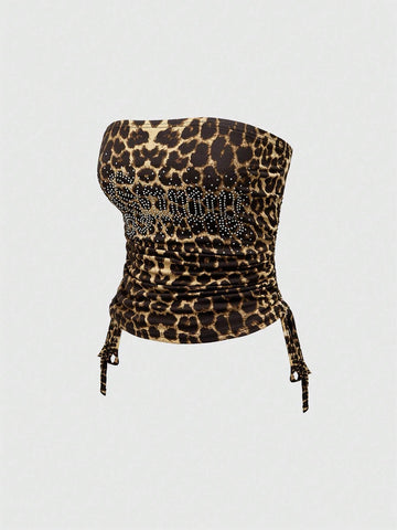 ROMWE Women 2pcs Set - Letter Rhinestone Decor Leopard Print Bandeau Top And Side Draw String Waist Pants