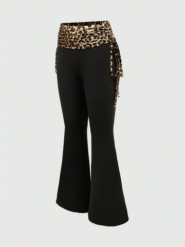 ROMWE Women 2pcs Set - Letter Rhinestone Decor Leopard Print Bandeau Top And Side Draw String Waist Pants