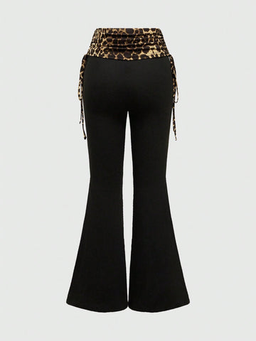 ROMWE Women 2pcs Set - Letter Rhinestone Decor Leopard Print Bandeau Top And Side Draw String Waist Pants