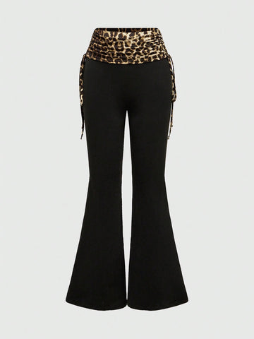 ROMWE Women 2pcs Set - Letter Rhinestone Decor Leopard Print Bandeau Top And Side Draw String Waist Pants