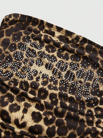 ROMWE Women 2pcs Set - Letter Rhinestone Decor Leopard Print Bandeau Top And Side Draw String Waist Pants