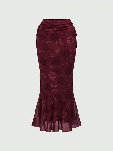 ROMWE Women Elegant Floral Print Mesh Fish Tail Half Skirt For Spring/Summer