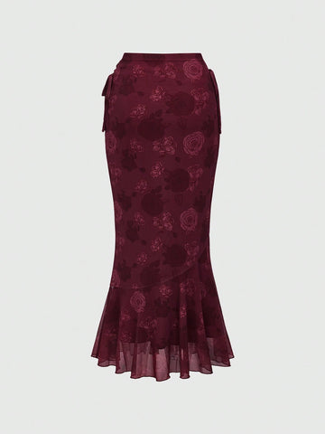 ROMWE Women Elegant Floral Print Mesh Fish Tail Half Skirt For Spring/Summer