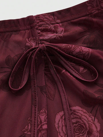 ROMWE Women Elegant Floral Print Mesh Fish Tail Half Skirt For Spring/Summer