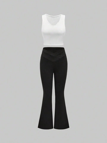 ROMWE Women Summer Solid Color Notched V-Neck Vest And Flared Pants Pure Desire Two-Piece Set