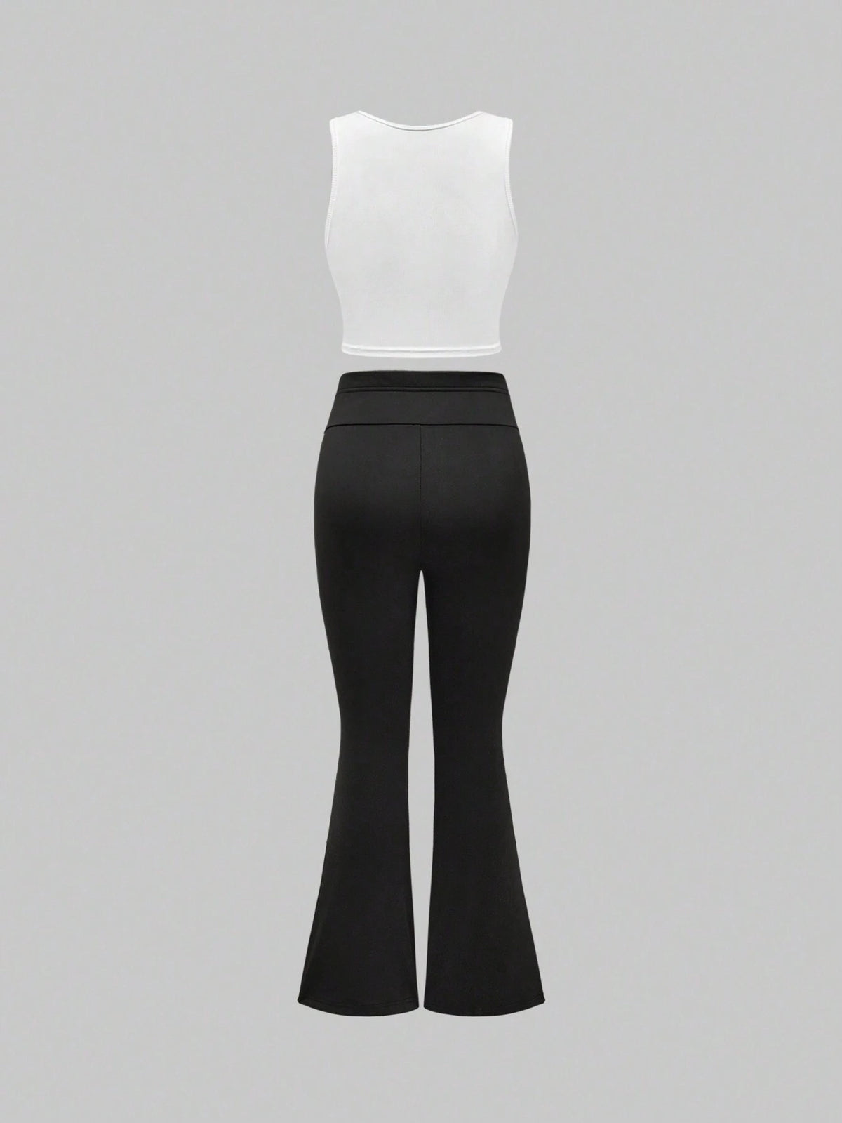 ROMWE Women Summer Solid Color Notched V-Neck Vest And Flared Pants Pure Desire Two-Piece Set