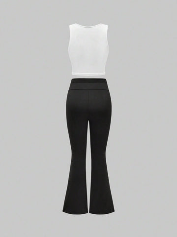 ROMWE Women Summer Solid Color Notched V-Neck Vest And Flared Pants Pure Desire Two-Piece Set