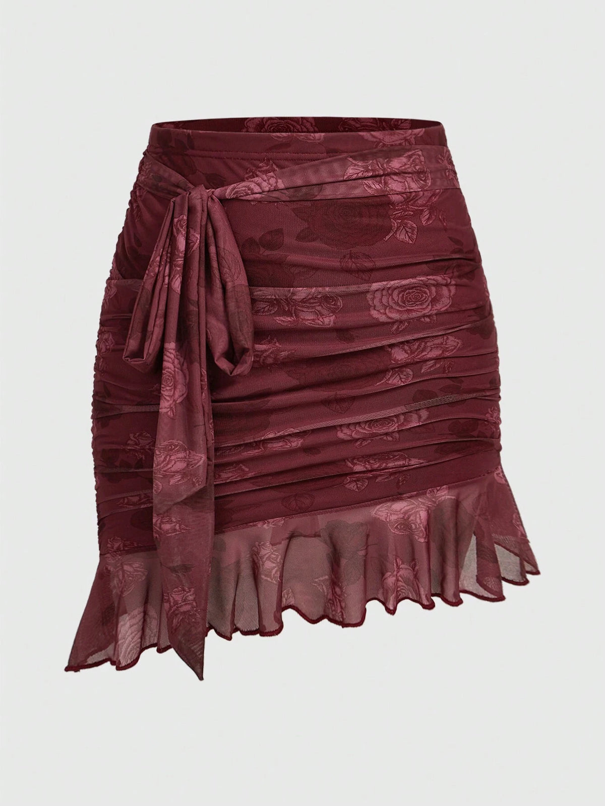 ROMWE Women's Rose Floral Print Ruffle Hem Bodycon Skirt