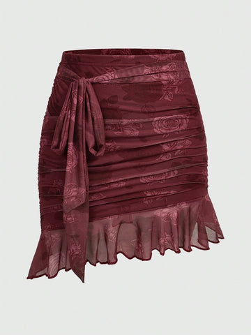 ROMWE Women's Rose Floral Print Ruffle Hem Bodycon Skirt