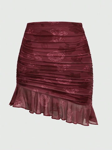 ROMWE Women's Rose Floral Print Ruffle Hem Bodycon Skirt