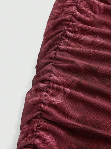 ROMWE Women's Rose Floral Print Ruffle Hem Bodycon Skirt