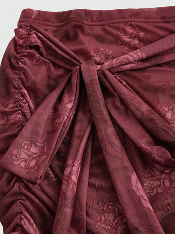 ROMWE Women's Rose Floral Print Ruffle Hem Bodycon Skirt