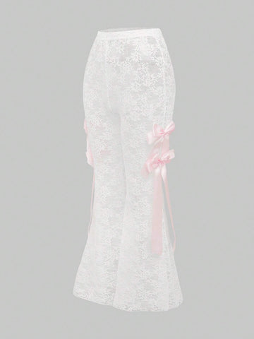 ROMWE Women's Slim Fit Butterfly Tie Decor Flare Leg Trendy Fashion Pants