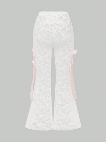 ROMWE Women's Slim Fit Butterfly Tie Decor Flare Leg Trendy Fashion Pants