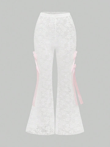 ROMWE Women's Slim Fit Butterfly Tie Decor Flare Leg Trendy Fashion Pants