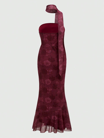 ROMWE Women's Vintage Floral Print Halter Neck Mesh Mermaid Long Dress