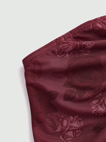 ROMWE Women's Vintage Floral Print Halter Neck Mesh Mermaid Long Dress