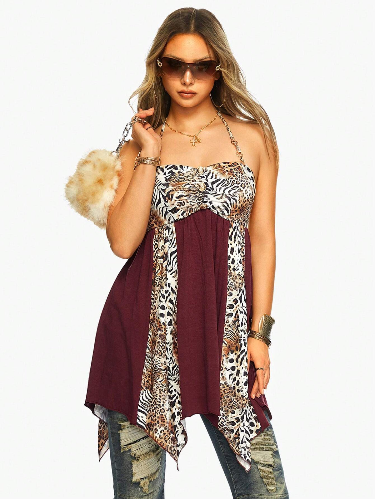 Harajuku Gyaru Style Vintage Leopard Print Splice Asymmetrical Hem Women Short Dress