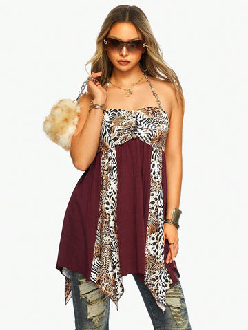 Harajuku Gyaru Style Vintage Leopard Print Splice Asymmetrical Hem Women Short Dress